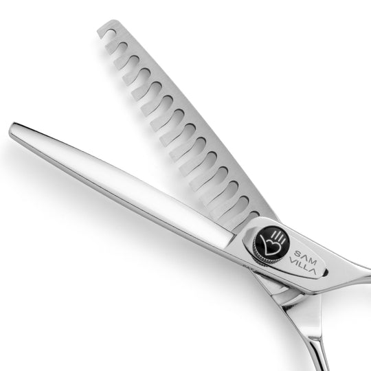 Close-up of the Sam Villa Classic Series 14 Tooth Point Cutting Shear