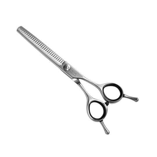 Silver Sam Villa thinning shears with black finger rings, designed for professional hair cutting, displayed on a white background.